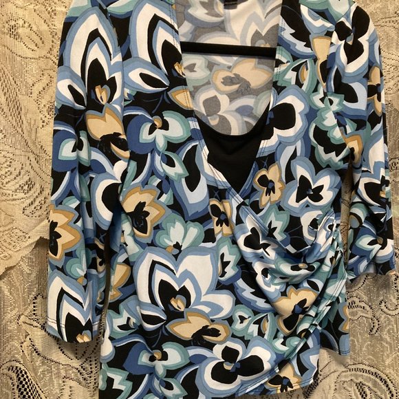 3/4" Sleeve Wrap Style with Tropical Sarong Front Ruching with built in camisole - Picture 3 of 15